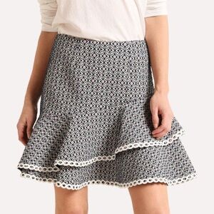ML Monique Lhuillier Jacquard Ruffle Skirt, Navy Multi Size 0 New w/Tag $395